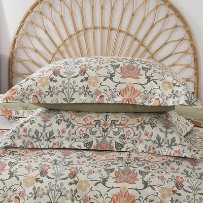 NEW Anthropologie Green & Coral Floral Bird 100% Cotton Duvet Bedding & Sham Set