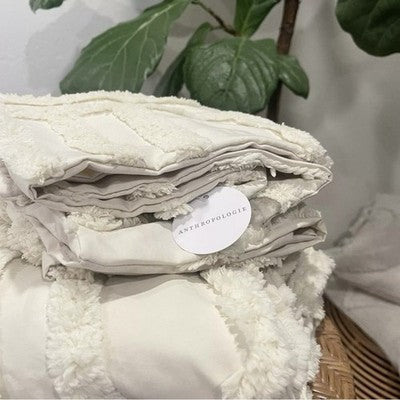 NEW Anthropologie Beige Boho Queen / King Tufted Rainbow Bedding Duvet Sham Set