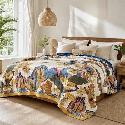 NEW Anthropologie Colorful Floral Cotton Bedspread Blanket & Sham Bedding Set
