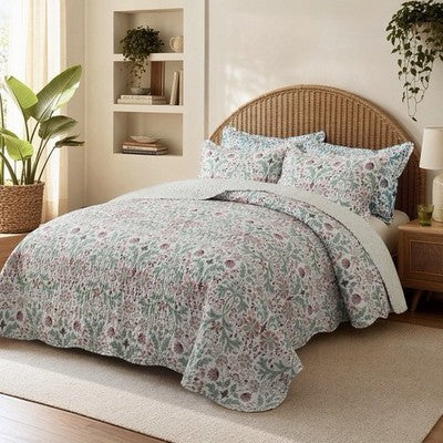 NEW Anthro Green & Pink Floral Reversible Boho Queen King Bedding Quilt Sham Set