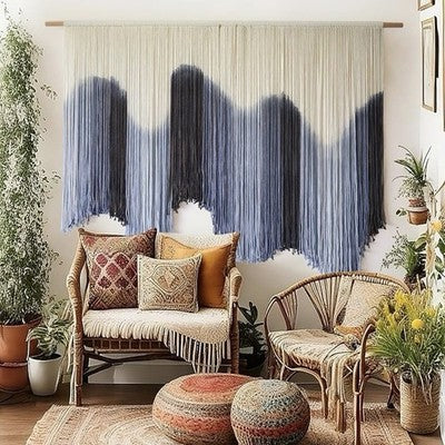 NEW Anthropologie XL Blue Dip Dyed Boho Tapestry Macrame Wall Hanging Art 57x40