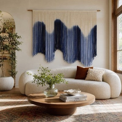 NEW Anthropologie XL Blue Dip Dyed Boho Tapestry Macrame Wall Hanging Art 57x40