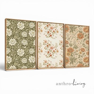 NEW Anthro XL Set 3 Framed Vintage Floral Print Canvas Boho Wall Art 24" x 36"