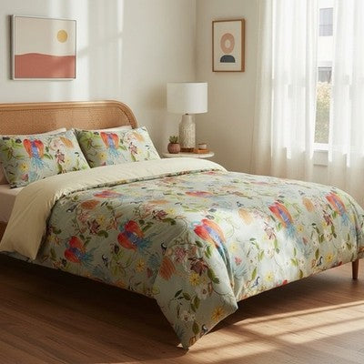 NEW Anthro Boho King Bright Floral Bird Print Cotton Bedding Comforter Sham Set