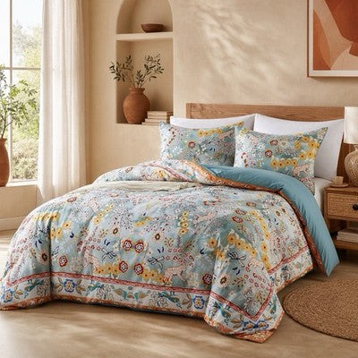 NEW Anthropologie Blue Jungle Multicolor Boho Queen King Bedding Duvet Sham Set