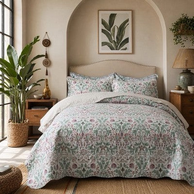 NEW Anthro Green & Pink Floral Reversible Boho Queen King Bedding Quilt Sham Set