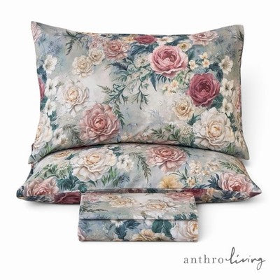NEW Anthropologie Purple Rose Floral Boho 100% Cotton Duvet Bedding & Sham Set