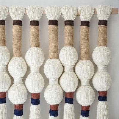 NEW Anthropologie XL Boho White Ball Tassel Tapestry Woven Wall Hanging - 33"