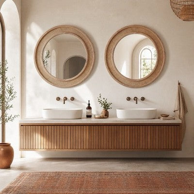 NEW West Elm Large Round Mirror Wicker Rattan Boho Wall Hanging Decor - 30” Diam