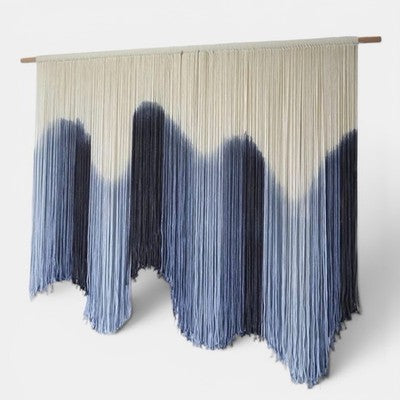 NEW Anthropologie XL Blue Dip Dyed Boho Tapestry Macrame Wall Hanging Art 57x40