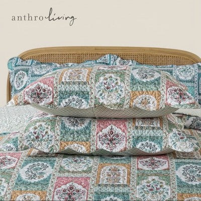 NEW Anthro Multicolor Patchwork Floral Boho Queen / King Bedding Quilt Sham Set