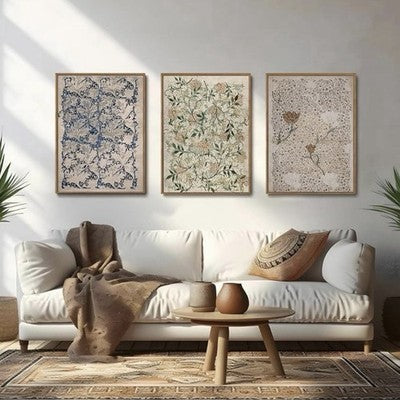 NEW Anthro XL Set of 3 Framed Vintage Floral Print Canvas Boho Wall Art 24"x16"