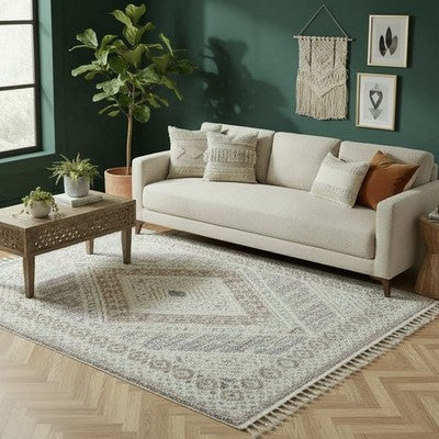 NEW West Elm White Cream Boho Tassel Geometric Shag Area Rug Carpet - 4' x 6'