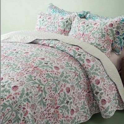 NEW Anthro Green & Pink Floral Reversible Boho Queen King Bedding Quilt Sham Set