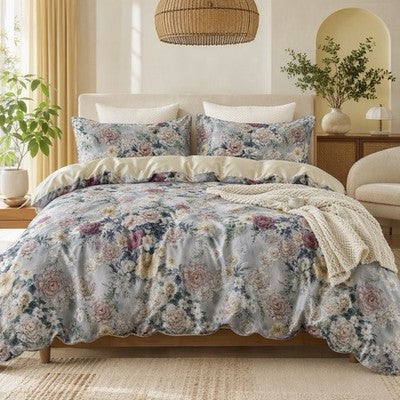 NEW Anthropologie Purple Rose Floral Boho 100% Cotton Duvet Bedding & Sham Set