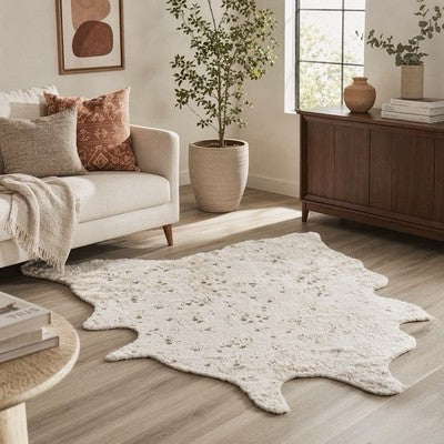 NEW West Elm Faux Cowhide Fur Extra Large White Area Rug Boho Floor - 6.5’ x 5’