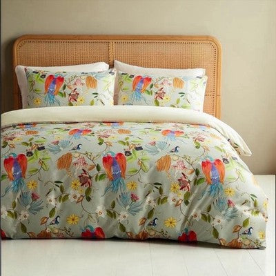 NEW Anthro Boho King Bright Floral Bird Print Cotton Bedding Comforter Sham Set