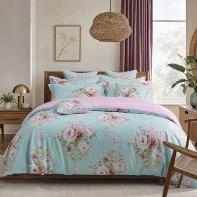 NEW Anthropologie Teal Blue Vintage Floral 100% Cotton Duvet Bedding & Sham Set