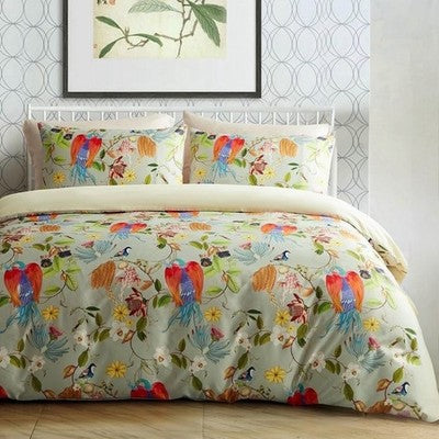 NEW Anthro Boho King Bright Floral Bird Print Cotton Bedding Comforter Sham Set