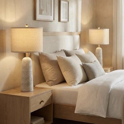 NEW Anthropologie Set of 2 White Resin Stone Boho Table Lamps Linen Lighting 27"