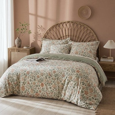 NEW Anthropologie Green & Coral Floral Bird 100% Cotton Duvet Bedding & Sham Set