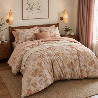 NEW Anthro 7 Piece Blush Floral Boho Queen / King Bedding Comforter & Sham Set