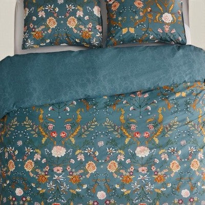 NEW Anthropologie Teal Multicolor Floral 100% Cotton Duvet Bedding & Sham Set