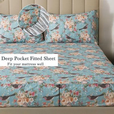 NEW Anthropologie Blue Floral Botanical Bird 100% Cotton Matching 4 PC Sheet Set