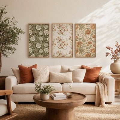 NEW Anthro XL Set 3 Framed Vintage Floral Print Canvas Boho Wall Art 24" x 36"