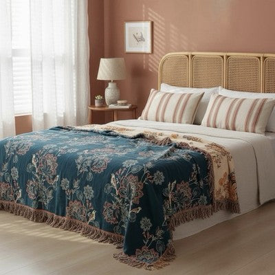 NEW Anthropologie Boho Floral Orange Teal Queen / King Blanket Bedspread