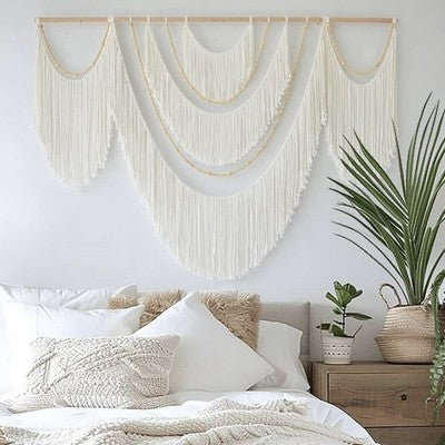 NEW Anthropologie XL Beige Woven Boho Beaded Tapestry Macrame Wall Hanging 57x40