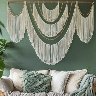 NEW Anthropologie XL Beige Woven Boho Beaded Tapestry Macrame Wall Hanging 57x40