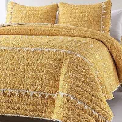 NEW Anthro Yellow Boho Reversible Tassel Queen / King Bedding Quilt & Sham Set