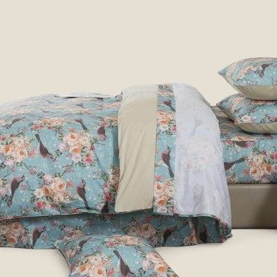 NEW Anthropologie Blue Floral Botanical Bird 100% Cotton Matching 4 PC Sheet Set