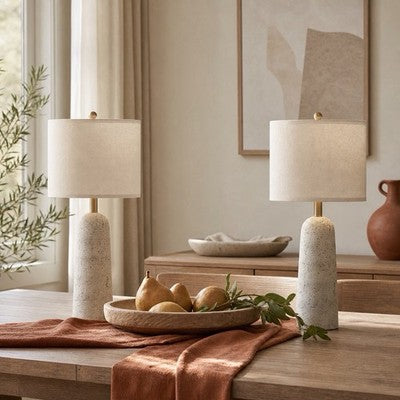 NEW Anthropologie Set of 2 White Resin Stone Boho Table Lamps Linen Lighting 27"