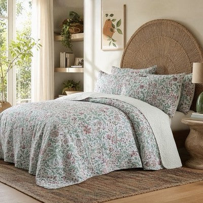 NEW Anthro Green & Pink Floral Reversible Boho Queen King Bedding Quilt Sham Set