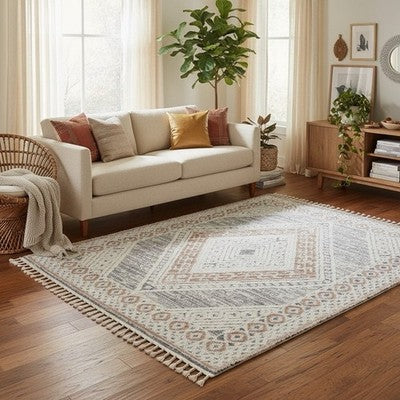 NEW West Elm White Cream Boho Tassel Geometric Shag Area Rug Carpet - 4' x 6'