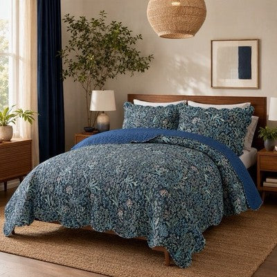 NEW Anthropologie Blue Floral Stitch Queen King Quilt Bedspread Bedding Sham Set