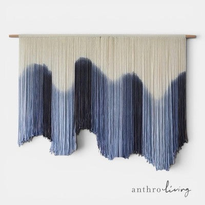 NEW Anthropologie XL Blue Dip Dyed Boho Tapestry Macrame Wall Hanging Art 57x40
