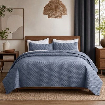 NEW West Elm Dusty Blue Ultra Soft Quilted Queen / King Bedding Quilt & Sham Set