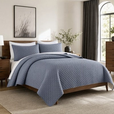 NEW West Elm Dusty Blue Ultra Soft Quilted Queen / King Bedding Quilt & Sham Set