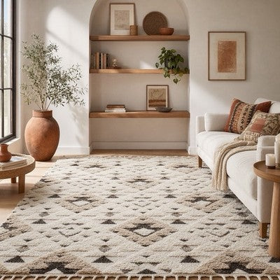NEW Anthro XL White Beige Boho Tassel Geometric Shag Area Rug Carpet 5' x 7.5'