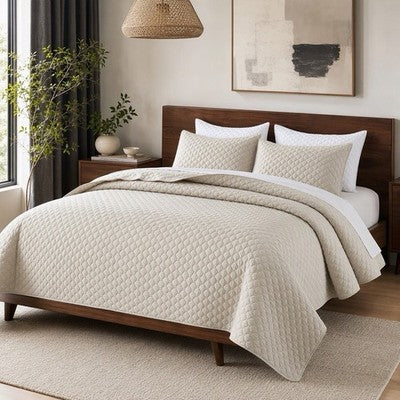 NEW West Elm Cream Ultra Soft Diamond Quilted Queen King Bedding Quilt Sham Set