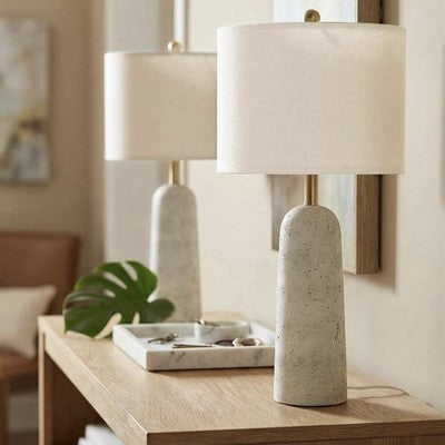 NEW Anthropologie Set of 2 White Resin Stone Boho Table Lamps Linen Lighting 27"