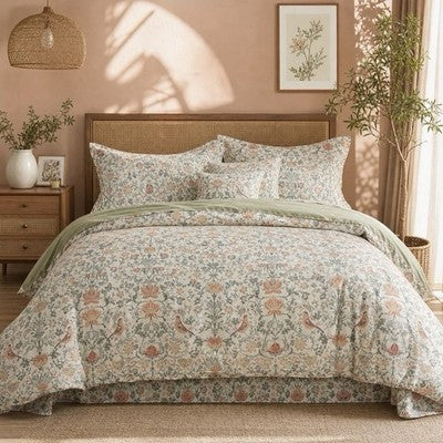 NEW Anthropologie Green & Coral Floral Bird 100% Cotton Duvet Bedding & Sham Set