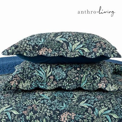 NEW Anthropologie Blue Floral Stitch Queen King Quilt Bedspread Bedding Sham Set