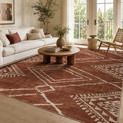 NEW West Elm Red Orange Boho Aztec Geometric Moroccan Area Rug Carpet - 4' x 6'
