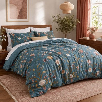 NEW Anthropologie Teal Multicolor Floral 100% Cotton Duvet Bedding & Sham Set