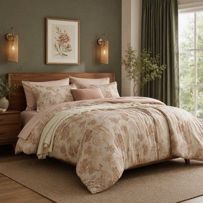 NEW Anthro 7 Piece Blush Floral Boho Queen / King Bedding Comforter & Sham Set