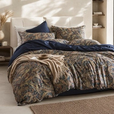NEW Anthro Navy Blue Paisley Gold Boho Queen / King Size Bedding Duvet Sham Case